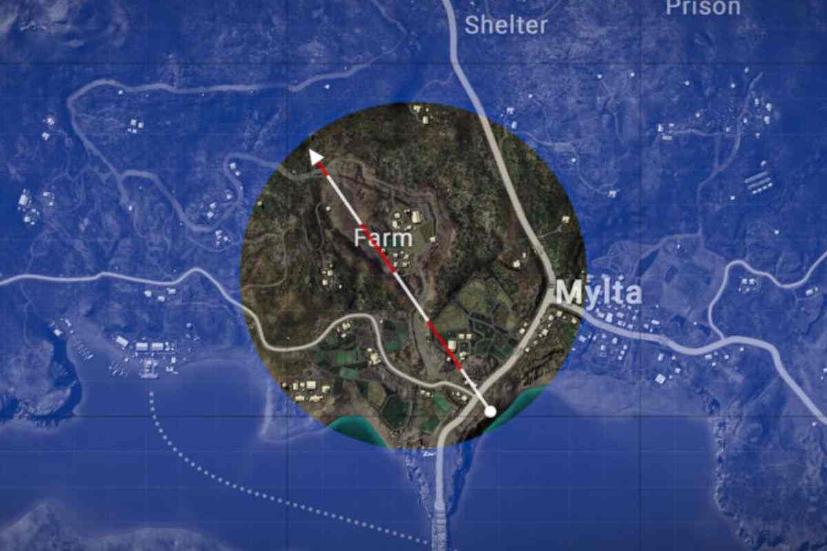 mappa PUBG vista dall'alto con evidenziata zone sicura