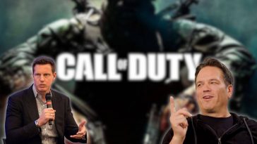 phil spencer e david ellison, alle spalle scritta call of duty e soldati con due fucili sulla schiena