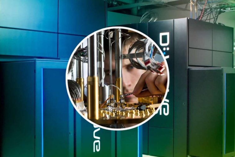 Un computer quantistico e, in evidenza, un tecnico che mette a punto un qubit