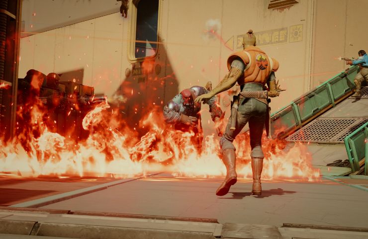 screenshot di concord con personaggio rosso nel fuoco e altro personaggio di spalle