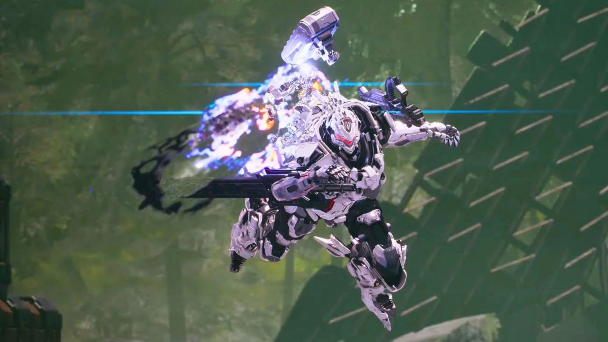 Un esoscheletro in volo dentro Daemon X Machina Titanic Scion