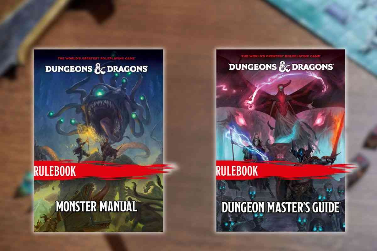 manuale giocatore, manuale dungeon master su tavola legno sfocata