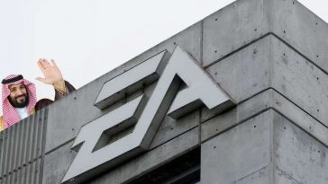 edificio con insegna EA, mohammad bin salman che saluta nell'angolo