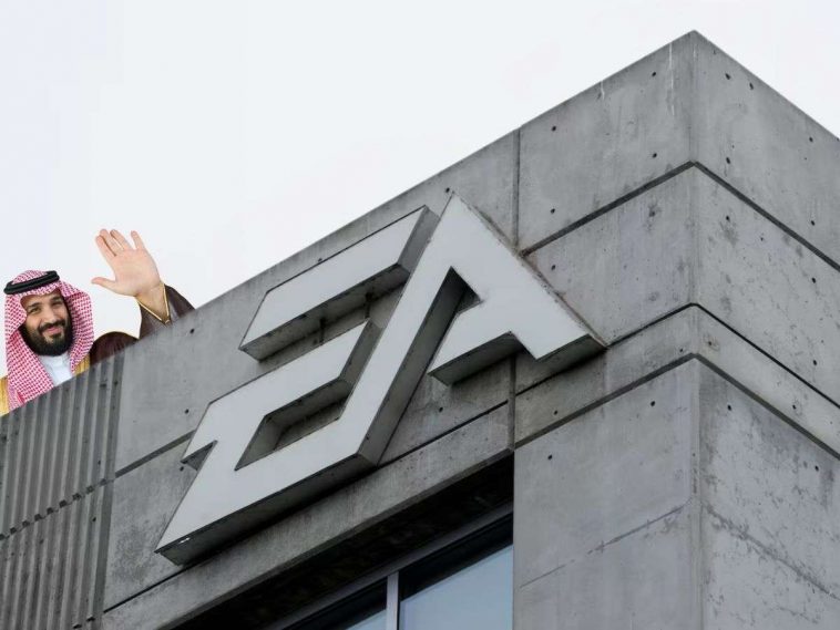 edificio con insegna EA, mohammad bin salman che saluta nell'angolo