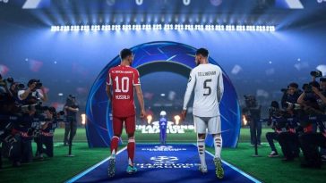 Due calciatori entrano in campo durante una partita di Champions League