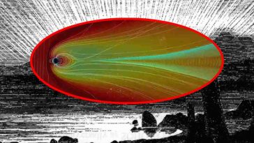 Una vecchia illustrazione di un'aurora boreale e, in evidenza, una tempesta solare