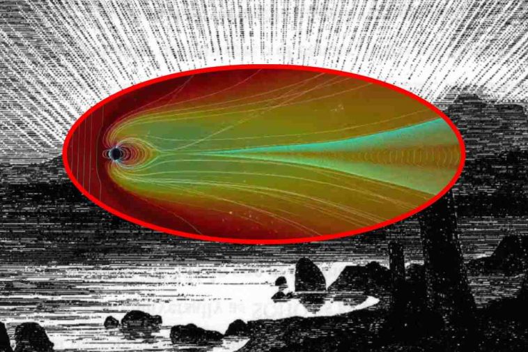 Una vecchia illustrazione di un'aurora boreale e, in evidenza, una tempesta solare