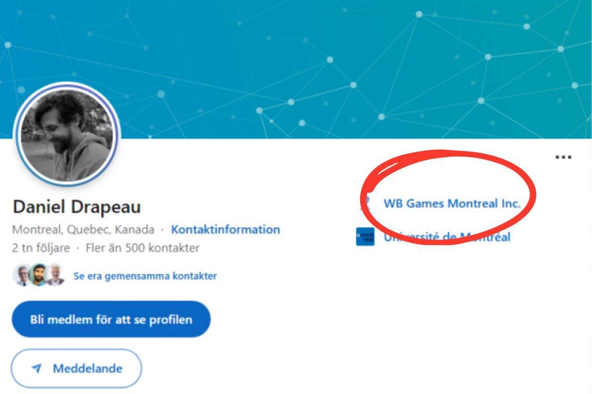 pagine linkedin di daniel drapeau cn evidenziata scritta WB games montreal