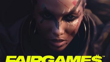 personaggio femminile primo piano con tatuaggi, scritta fairgams