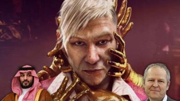 personaggio con capelli corti biondi avvolto da mani dorate, mohammad bin salman, yves guillemot