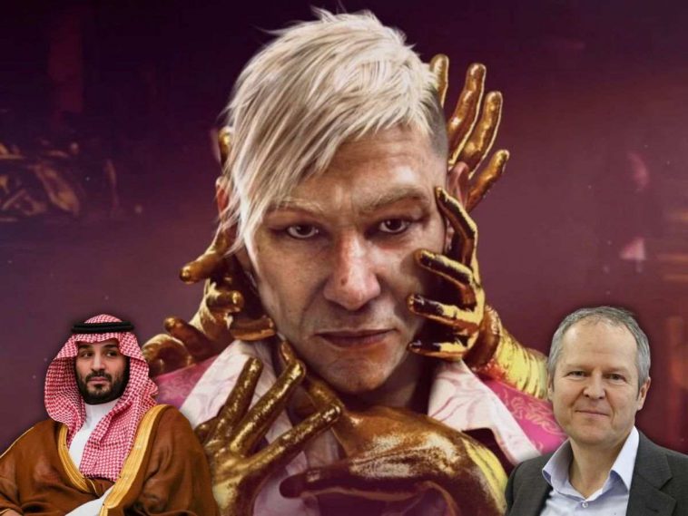 personaggio con capelli corti biondi avvolto da mani dorate, mohammad bin salman, yves guillemot