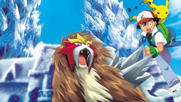 locandina del terzo film pokemon con entei in primo piano e ash e pikachu sullo sfondo