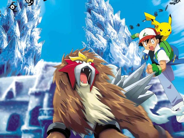 locandina del terzo film pokemon con entei in primo piano e ash e pikachu sullo sfondo