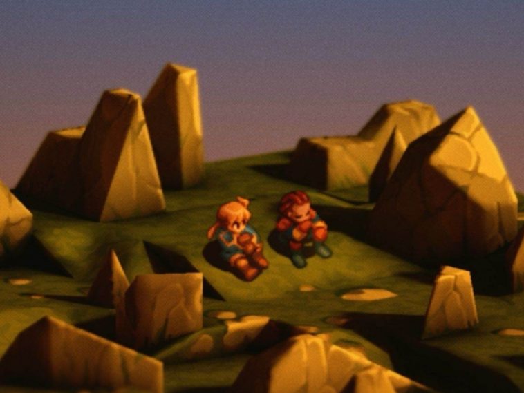 immagine chiave di Final Fantasy Tactics con due personaggi principali seduti a terra
