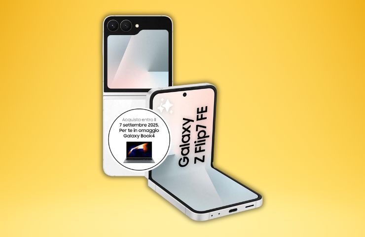 samsung galaxy z flip7 fe su sfondo giallo aperto e piegato