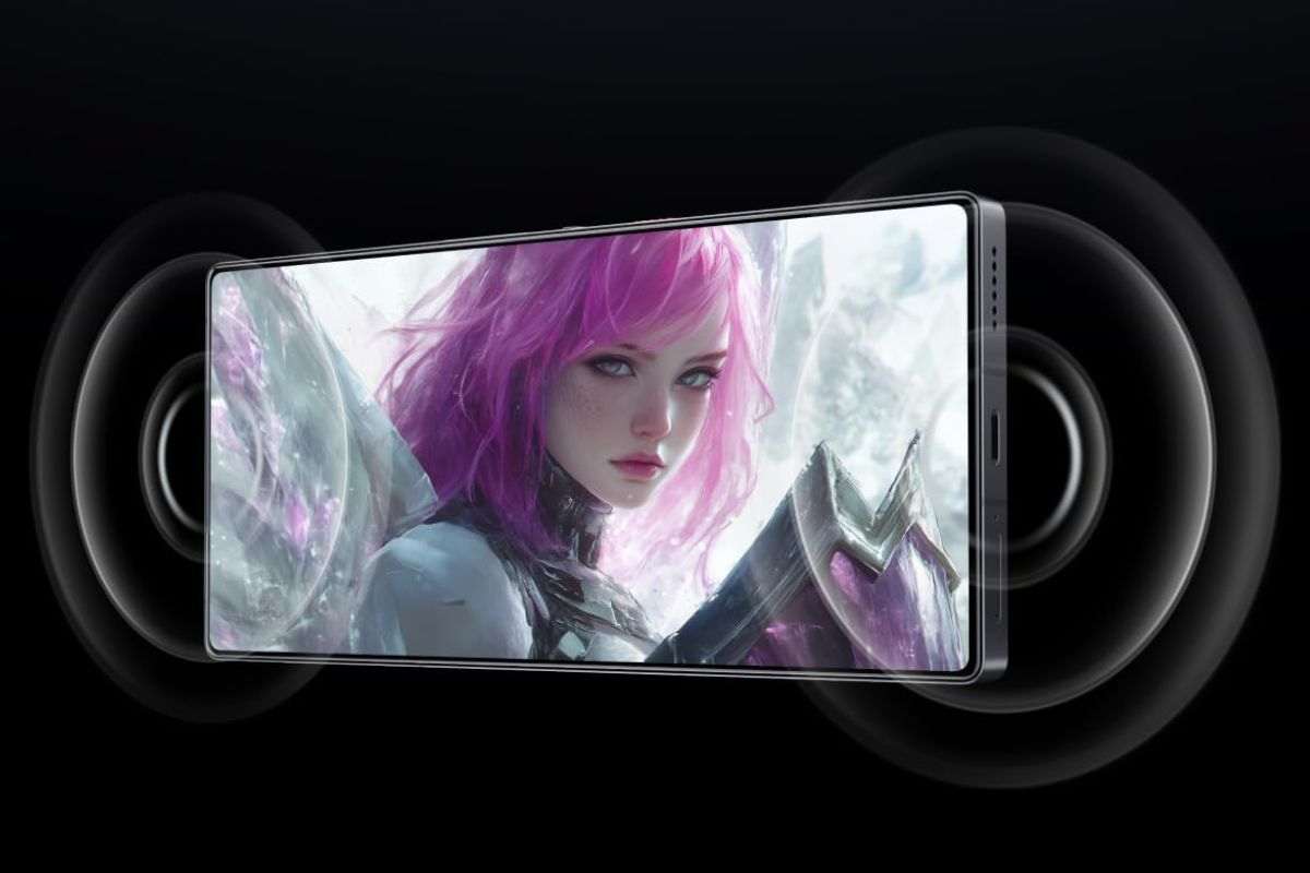 REDMAGIC 10SPro 12G+256G Nightfall schermo con immagine ragazza con capelli viola, onde sonore alle estremità del telefono