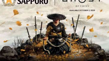 ninja con catena in mano seduto davanti a monte fuji, logo ghost of yotei, logo sapporo