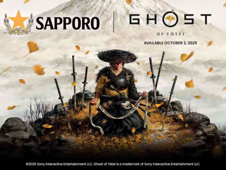 ninja con catena in mano seduto davanti a monte fuji, logo ghost of yotei, logo sapporo