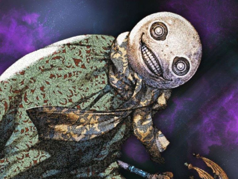 personaggio spettrale scheletrico di nier su sfondo viola grimorio di nier