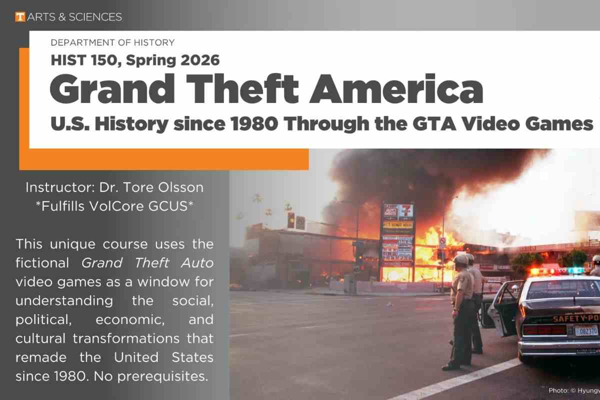 volantino con scritto Grand Theft America la storia dell'america dagli anni '80 a oggi attraverso GTA