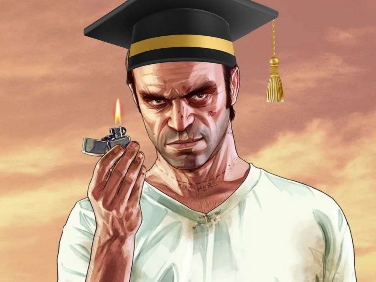 trevor di GTA 5 con accendino e tocco di laurea