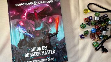 la copertina della guida del dungeon master di D&D 2024 con dei dadi affianco