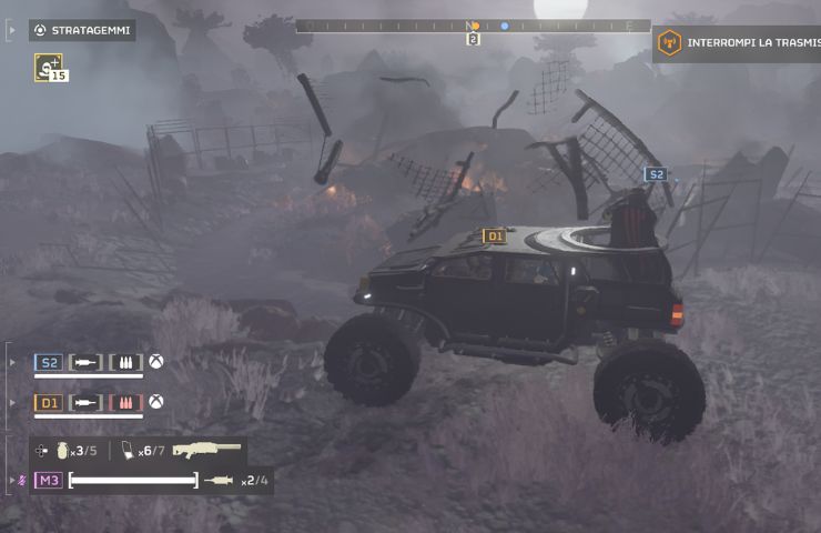 screenshot di helldivers 2 con giocatori in macchina