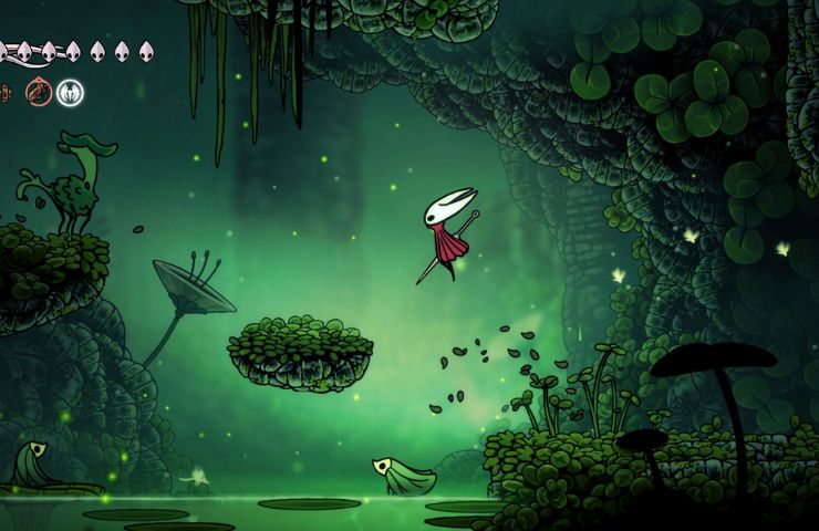 screenshot di hollow knight silksong con hornet che salta