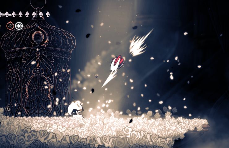 screenshot di hollow knight silksong con hornet contro merletta