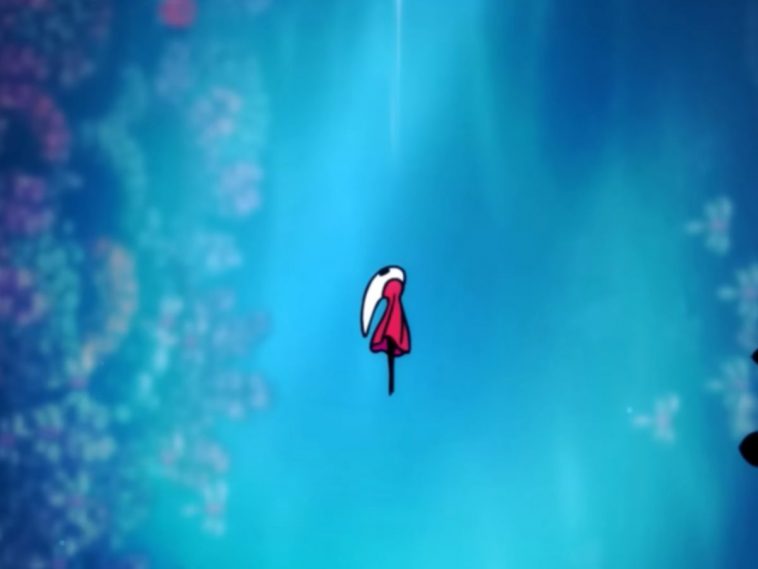 screenshot di hollow knight silksong con hornet che vola in cielo