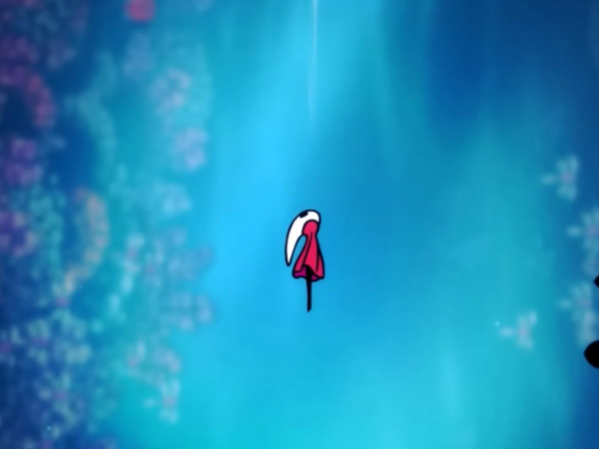 screenshot di hollow knight silksong con hornet che vola in cielo