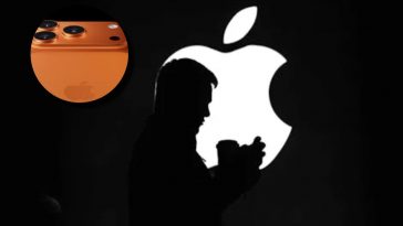 Il simbolo della Apple con la silhouette di un uomo che usa un iPhone e, in evidenza, un iPhone 17