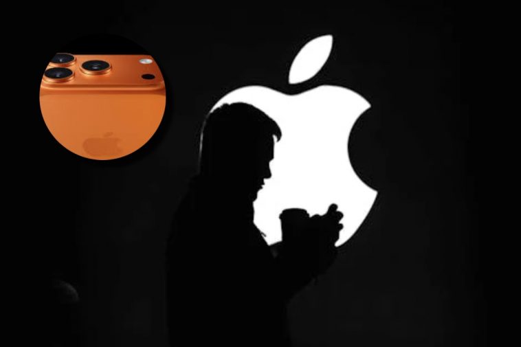 Il simbolo della Apple con la silhouette di un uomo che usa un iPhone e, in evidenza, un iPhone 17