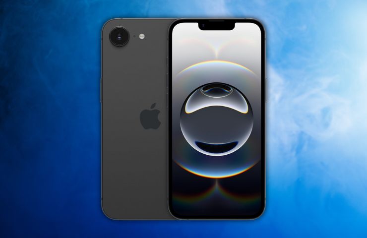 iphone 16e fronte retro su sfondo blu luminoso