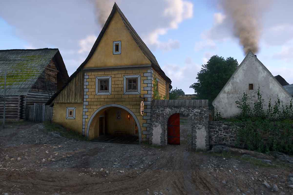 La forgia in tutto il suo splendore. Mura gialla tetto in legno di noce, porta blindata nel giardino ed edifici per fabbri secondari.