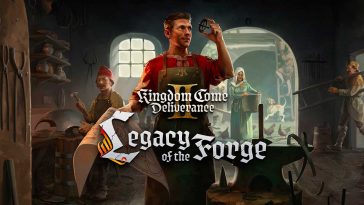 Henry intento a studiare un ingranaggio in divisa da forgia, con il logo davanti e sullo sfondo al sua forgia e i nuovi personaggi dell'espansione