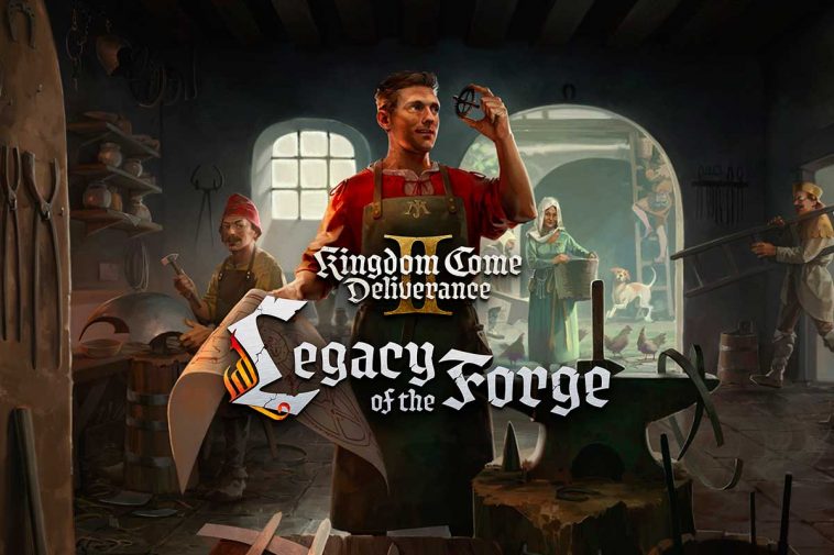 Henry intento a studiare un ingranaggio in divisa da forgia, con il logo davanti e sullo sfondo al sua forgia e i nuovi personaggi dell'espansione