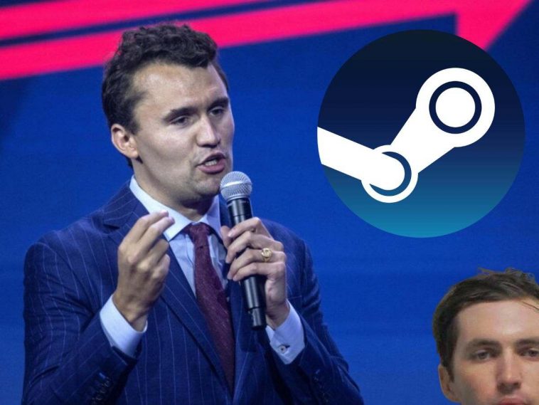 charlie kirk con microfono, logo steam, tyler robinson