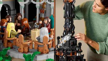 collage di foto affiancate con lego signore degli anelli dettaglio su tavola rotonda con personaggi e persona che costruisce torre di sauron