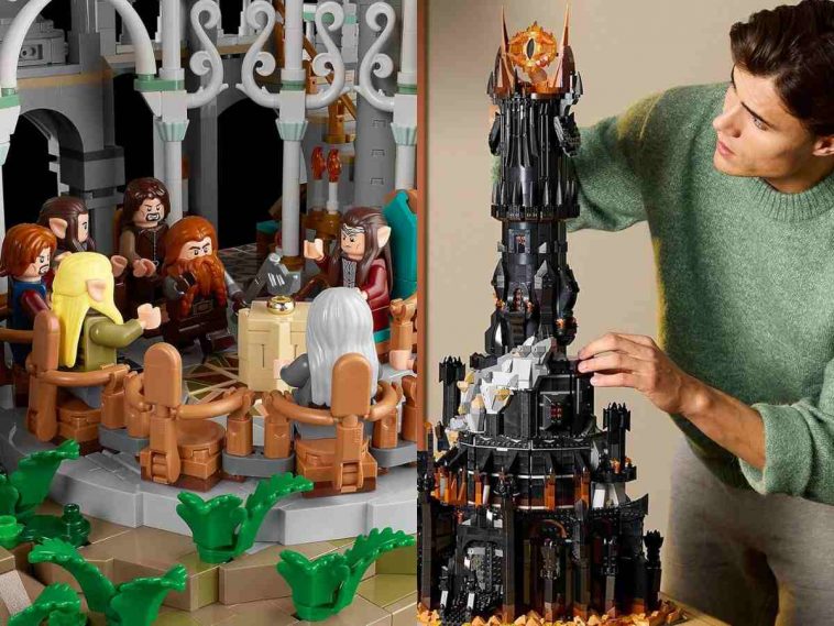 collage di foto affiancate con lego signore degli anelli dettaglio su tavola rotonda con personaggi e persona che costruisce torre di sauron