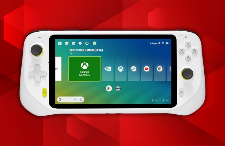 Logitech G Cloud su sfondo rosso scarlatto