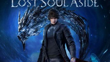 personaggio maschile con cappotto nero e capelli neri, alle spalle un drago, scritta lost soul aside