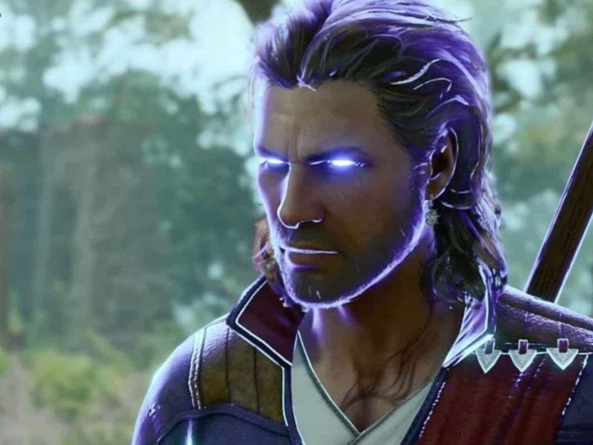 mago con capelli lunghi e occhi viole (Gale) di Baldur's Gate 3