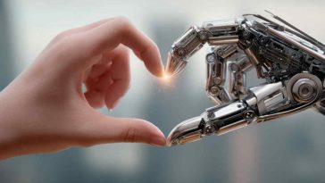 mano umana e robot che fanno un cuore