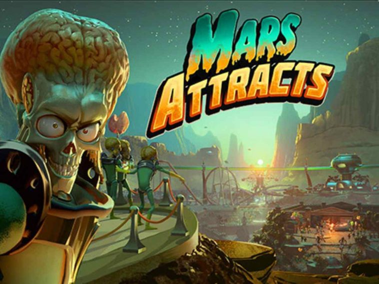 scritta mars attracts, marziano, parco a tema sullo sfondo