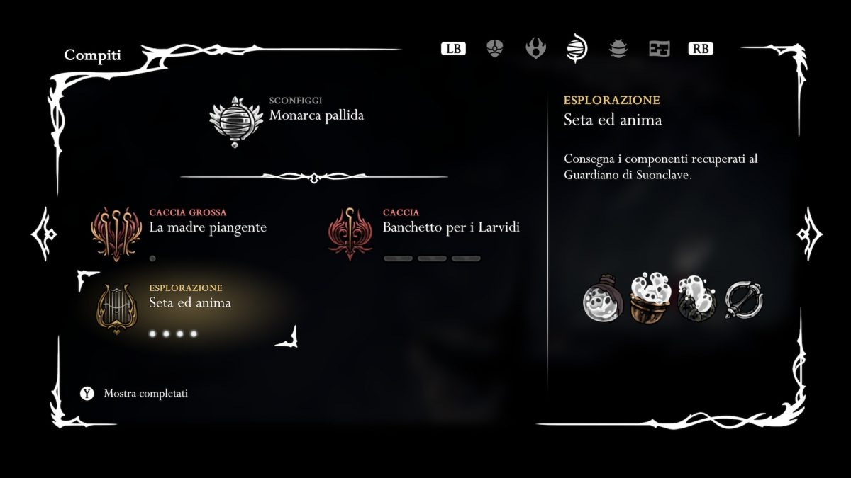 screenshot silksong con missione dei 4 oggetti