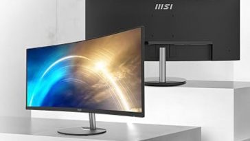 MSI PRO MP341CQ Monitor Curvo 34" fronte e retro su pedana