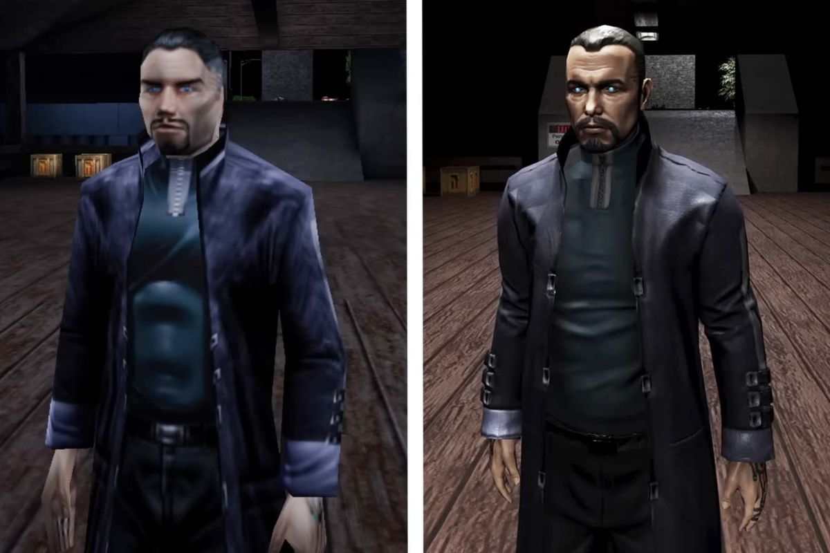 personaggio con cappotto lungo, a sinistra vecchie texture, a destra nuove texutere