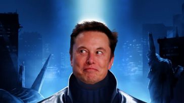locandina di deus ex con uomo con cappotto nero lungo, faccia di elon musk