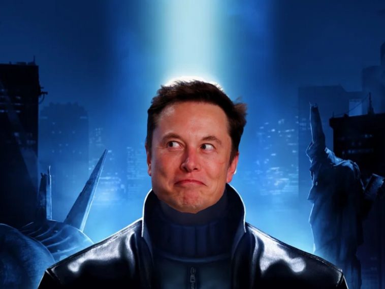 locandina di deus ex con uomo con cappotto nero lungo, faccia di elon musk